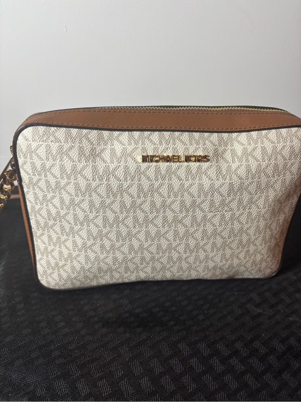 Michael Kors Beige Signature Crossbody with Caramel Trim